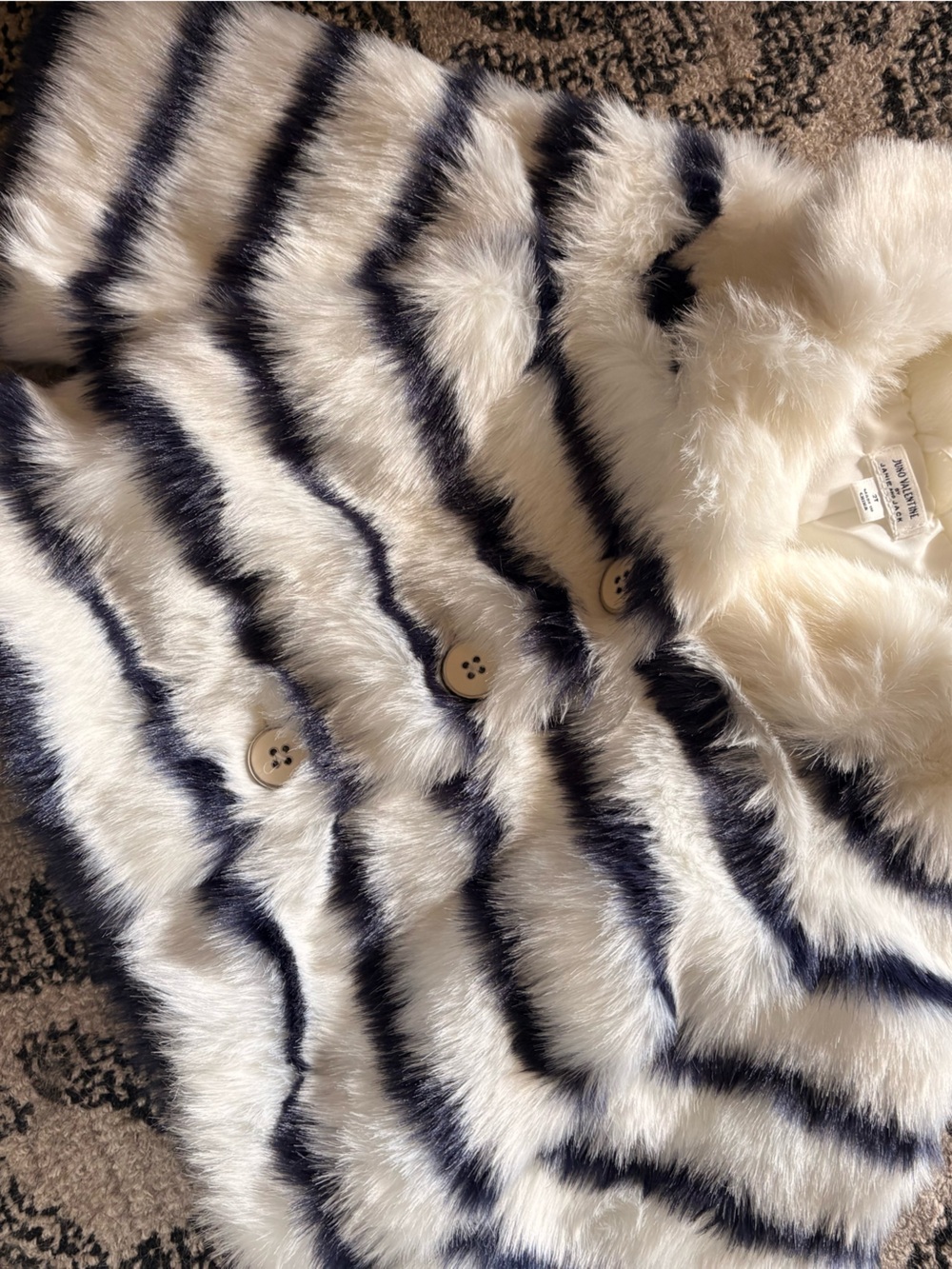 Children's Faux Fur Striped Pea Coat - Cream & Black